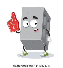 cartoon foam concrete construction block character mascot with the number 1 one sports fan hand glove on a white background
