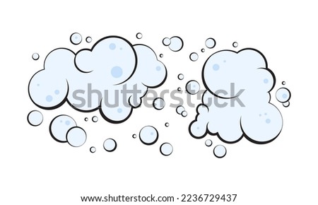 Cartoon foam, smoke pop, soap or gas cloud vector icon, blue water bubble set hand drawn, shampoo suds isolated on white background. Fun illustration