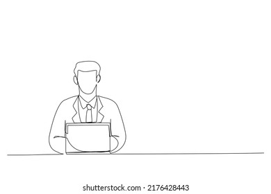 Cartoon of focused millennial business man using laptop at table. Young entrepreneur, using compute at home office workplace. Continuous line design style
