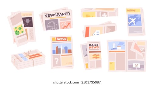 Cartoon folded newspapers. Weekly daily periodicals with different news. Paper publications, isolated newspaper and tabloid, racy vector set