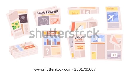 Cartoon folded newspapers. Weekly daily periodicals with different news. Paper publications, isolated newspaper and tabloid, racy vector set