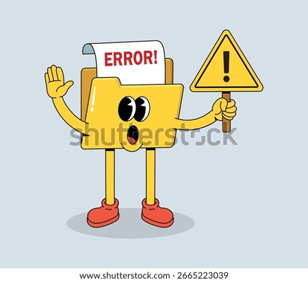 Cartoon Folder Character Showing an Error Message with a Warning Sign and Stop Hand Gesture