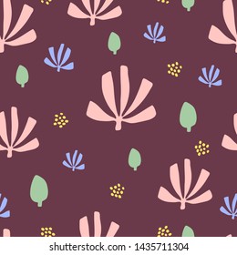 Cartoon foliage pattern. Hand drawn flat illustration in scandinavian style. For textile, wallpapers, wrapping paper