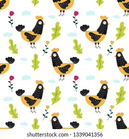 Cartoon folk chicken seamless pattern. Flowers and  leaves. For Easter and others. Sketch for wrapping paper.