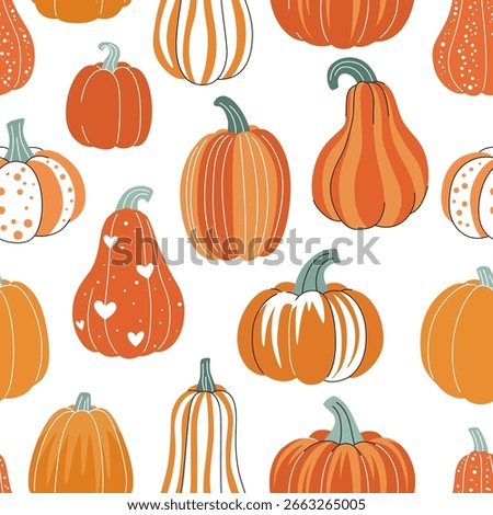Cartoon folk pumpkins seamless pattern. Autumn cozy decorative background of pumpkins. Fall texture for Thanksgiving, harvest and Halloween and other seasonal designs. Vector illustration.