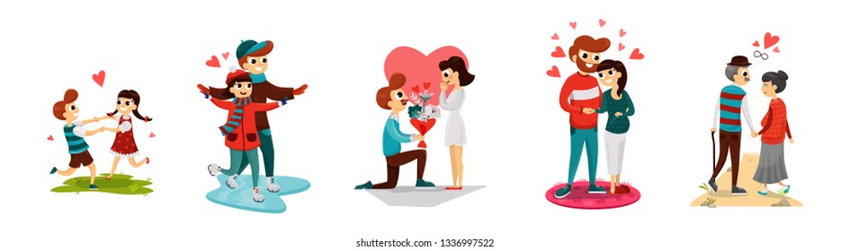 Cartoon folks of different age spending time with each other vector illustration. History of relationship development. One love for life. Isolated on white