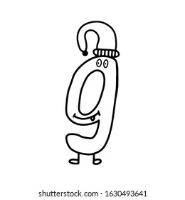 Cartoon font with coloring book number nine for concept design. Funny cartoon character. Mathematics vector illustration. Cute design. Zentangle style. Doodle style. Modern education concept.