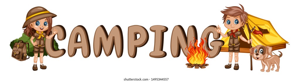 Cartoon Font Design with Kids Camping in a Rainforest. Little Cute Scouts with Little Brown Dog, Backpacks and Tent next to the Campfire. Adventures, Park, Camping, Forest, Summer Camp