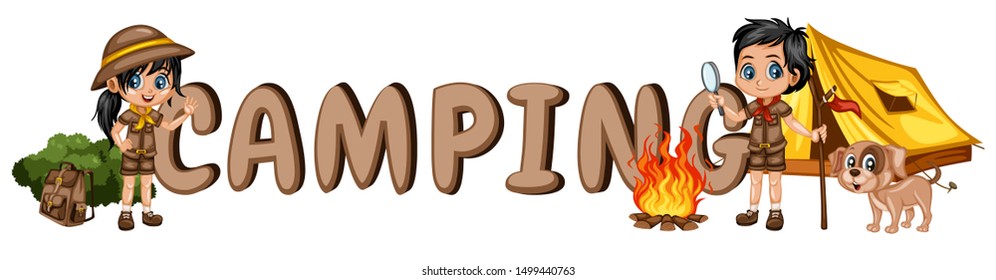 Cartoon Font Design with Kids Camping in a Rainforest. Little Cute Scouts with Little Brown Dog, Backpacks and Tent next to the Campfire.  