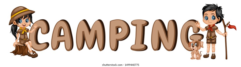 Cartoon Font Design with Kids Camping. Little Cute Scouts with Little Brown Dog 