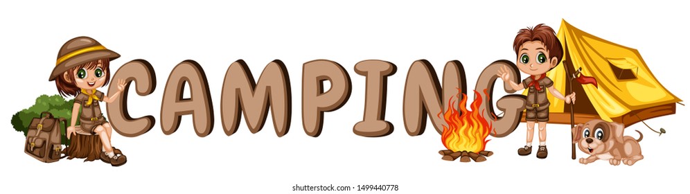 Cartoon Font Design with Kids Camping in a Rainforest. Little Cute Scouts with Little Brown Dog, Backpacks and Tent next to the Campfire.  