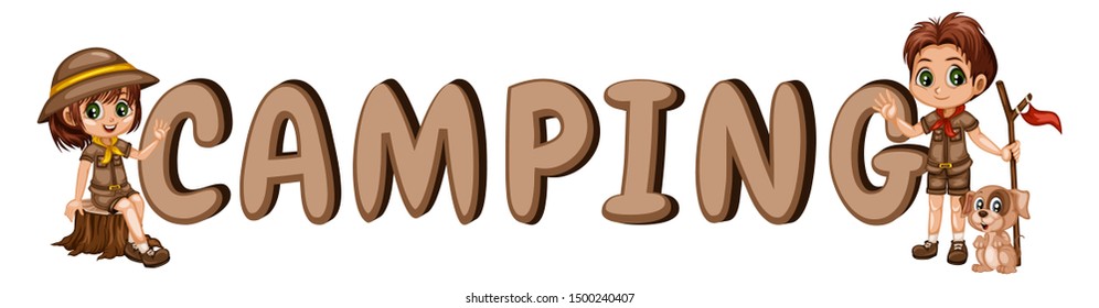 Cartoon Font Design with Kids Camping in a Rainforest. Little Cute Scouts with Little Brown Dog, Backpacks and Tent next to the Campfire. Adventures, Park, Camping, Forest, Summer Camp
