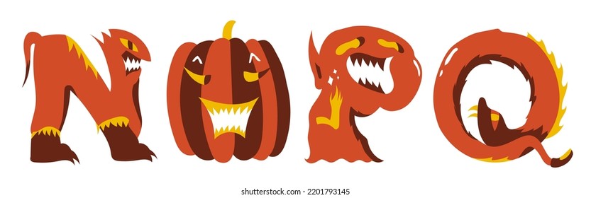 Cartoon Font For Halloween. Letter Templates For A Postcard, Article, Poster Or Party. Alphabet In The Form Of Characters For The Night Of All Saints On A White Background. Set 4