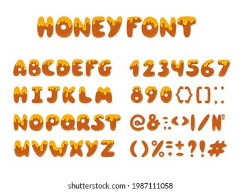 Cartoon font. Honey style alphabet set. Funny numbers, signs collection. Hand drawn kids font isolated on white. Honey ABC, numbers. Children drawing letters collection. Kids style font. Honey drips.