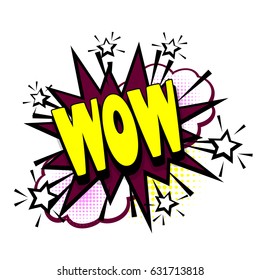 Cartoon font label tag expression. Lettering wow, star, boom explosion. Comics book text balloon. Bubble icon speech phrase. Halftone sound effects. Sounds vector illustration.