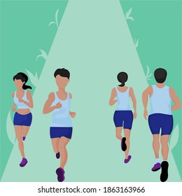 Cartoon font view and back side of four young sport  men and women  wearing blue sportswear is jogging, running on white background. Vector isolate flat design concept for healthy,  exercise,outbreak