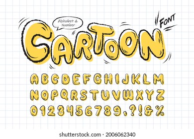Cartoon font. Yellow comic doodle alphabet and number set. Hand drawn cute funny typography for headline, poster, graphic layout, scrapbook, social web, children book, etc. 
