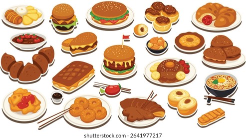 Cartoon Food and Bakery Vector Set – Burgers, Donuts, Ramen, and More