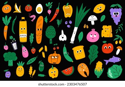 Cartoon food characters big collection. Vegetables, fruits, berries, products. Flat vector hand drawn illustration isolated on black background.