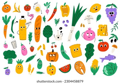 Cartoon food characters big collection. Vegetables, fruits, berries, products. Flat vector hand drawn illustration isolated on white background.