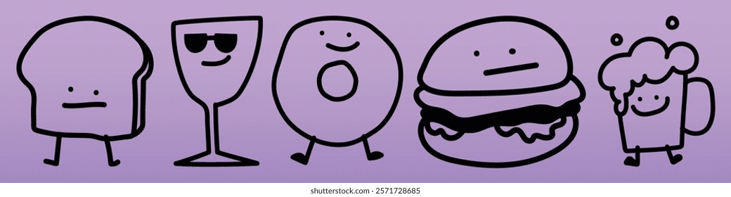 Cartoon food characters: bread, wine, donut, burger, beer. Fun, playful food art. Smiling bread, cool wine, happy donut, chill burger, bubbly beer. Cute doodle icons vector set.