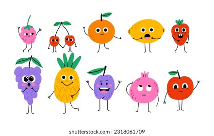 Cartoon food characters collection. Cute fruits and berries. Flat vector hand drawn illustration isolated on white background.