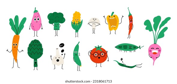 Cartoon food characters collection. Cute vegetables. Flat vector hand drawn illustration isolated on white background.