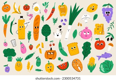 Cartoon food characters collection. Vegetables, fruits, berries, products. Flat vector hand drawn illustration.