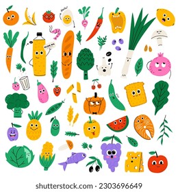 Cartoon food characters collection. Vegetables, fruits, berries, products. Flat vector hand drawn illustration isolated on white background.