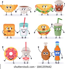 Cartoon food characters. Junk food mascots, sandwich with coffee and donut, street food and beverages cute characters vector illustration set. Burger, fried chicken, waffle and shake with faces