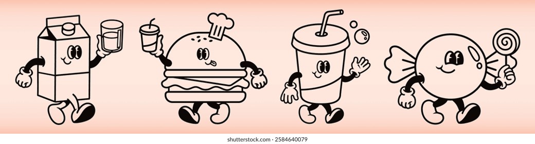 Cartoon food characters: milk carton, burger, soda, candy. Fun, playful design. Milk, burger, soda, candy with faces and limbs. Whimsical food art. Vector element set.