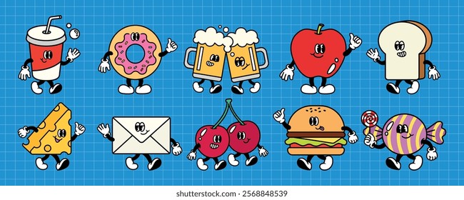 Cartoon food characters on a blue grid background. Features a donut, burger, apple, cheese, and more. Fun and playful food-themed illustrations. Character element vector set.