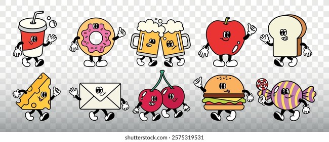 Cartoon food characters: soda, donut, beer, apple, bread, cheese, envelope, cherries, burger, candy. Fun, animated, playful food icons with faces and limbs. Character element vector set.