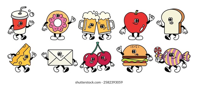 Cartoon food characters: soda, donut, beer, apple, bread, cheese, envelope, cherries, burger, candy. Each food item has arms, legs, and a face. Character element vector set.