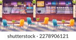 Cartoon food court interior design. Vector illustration of fast food restaurant with colorful chairs and tables in shopping mall. Sandwiches, burgers, salads, drinks on display. Snacks for lunch