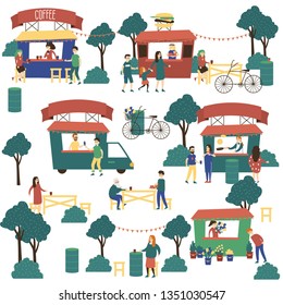 Cartoon food court map on summer open air festival.