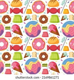 Cartoon food and dessert seamless pattern illustration