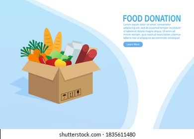 Cartoon food donation for flyer design. Food in carton box. Cartoon poster with food donation for banner design. Vector illustration.