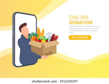 Cartoon food donation for flyer design. Food in carton box. Cartoon poster with food donation for banner design. Vector illustration.