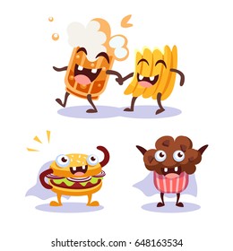 Cartoon food and drink characters: smiling beer mug, laughing chips, burger superhero, magic cupcake