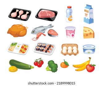 Cartoon Essen und Trinken, Vektorset, Sammlung einzeln auf Weiß. Illustration zum Thema Essen und Essen. Collage of Grocery Food Symbole. Gesundes Obst, Gemüse, Getränke, Fleisch. Supermarktliste.