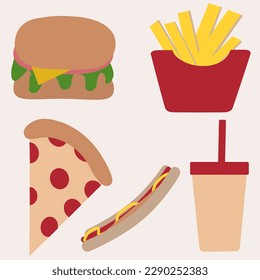 Cartoon food. Fast food, pizza, hotdog, potatoes, hamburger, cola.Vector illustration.