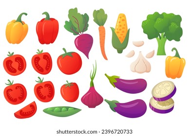 Cartoon food illustration. Collection farm product for restaurant menu.Bell pepper, broccoli, eggplant, cabbage, tomato, garlic, onion, peas, beetroot. Concept healthy food. A set of ripe vegetables.