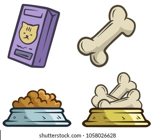 Cartoon food objects for cats and dogs. Bowl with feed and bones. Pet shop. Isolated on white background. Vector icon set.