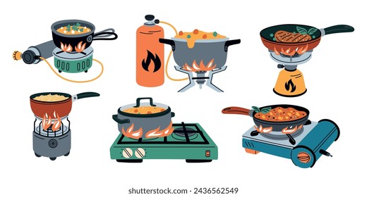 Cartoon food on camping stoves. Field kitchen elements. Cooking outdoors. Hiking and picnics. Propane portable burners. Gas cylinder. Travel cooker. Saucepan on camp oven