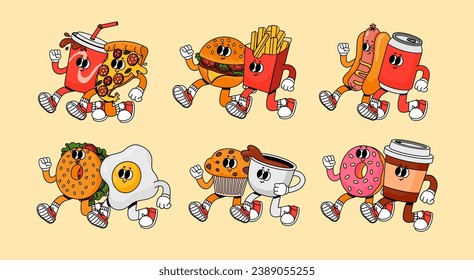 Par de alimentos para dibujos animados. Comic retro divertido personajes de comida rápida, vintage 70 estilo de diseño mejores amigos. Par hamburguesa y patatas fritas, snack feliz y pizza para menú, vectorial set. Perro caliente, muffin y bebidas deliciosos