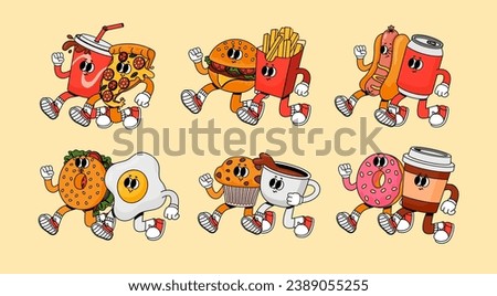 Cartoon food pair. Comic retro fun fast food characters, vintage 70 design style best friends. Couple burger and fries, happy snack and pizza for menu, vector set. Tasty hot dog, muffin and drinks