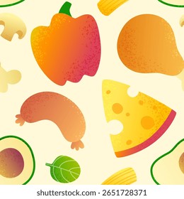 Padrão de comida de desenhos animados. Impressão vetorial perfeita com alimentos texturizados.