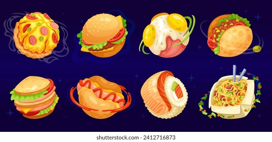 Cartoon food planets. Foods world concept, burger sushi fish pizza planet funny amuse ufo in delicious fantasy universe dream space tasty galaxy, game vector illustration of cartoon food planet design