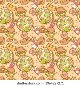 Cartoon food print. Seamless vector pattern (background). Fast food